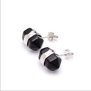 Black stone double point silver earrings